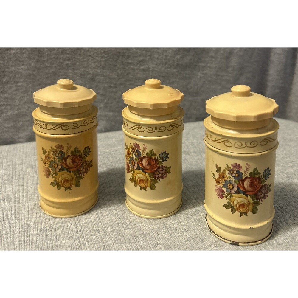 Set Of 3 Vintage Round Floral Tins Matches Toothpick Cottage Country Plastic Lid
